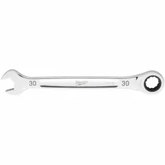 Steel wrench with chrome finish, 30 mm head size, 12-point ratcheting box end, and 15 3/8 in overall length. Used for tightening and loosening fasteners in industrial maintenance, automotive repair, and mechanical assembly.