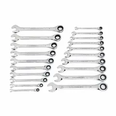 This set includes SAE and Metric 12-point ratcheting combination wrenches made from alloy steel with a full polish chrome finish. The 12-point box end provides a secure grip on hex fasteners, while the ratcheting mechanism allows faster work without repositioning the wrench. Suitable for tightening and loosening fasteners in automotive repair, industrial maintenance, and mechanical assembly.
