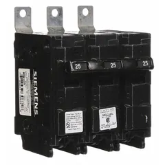 Three-pole miniature circuit breaker rated 25 A at 240V AC, part of the BL Series. Designed for bolt-on mounting in Siemens P1 panelboards. Provides overcurrent protection for three-phase electrical circuits in commercial and industrial applications. Maximum interrupting rating of 22kA at 240V AC.