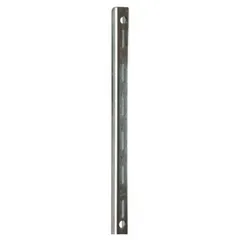 This surface-mount slotted standard is constructed from heavy-duty steel with a zinc-plated silver finish. It measures 7/8 in x 1/2 in x 96 in and features 1 in slot length with 2 in slot spacing for screw-in mounting. Used in storage and display systems for organizing shelving and merchandise.