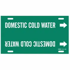Green strap-on pipe marker with white legend reading 'Domestic Cold Water' and directional arrows. Fits pipe outer diameter 8 to 9-7/8 inches. Used to identify domestic cold water lines in piping systems for facility identification and safety compliance.