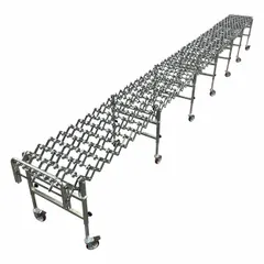 This heavy-duty plastic skate wheel conveyor features a flexible frame and adjustable height for versatile material handling. With 24 in overall and between-frame width, 5.2 in axle spacing, and 300 lb/ft load capacity at 5 ft centers, it is suited for moving boxes, totes, and packaged goods in warehouses and distribution centers.