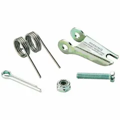 Spring latch for hooks with pin attachment. Latch length 2 7/8 in, latch eye diameter 1/4 in, width between eyes 1 1/32 in. Used in lifting and rigging to secure hook openings and prevent accidental load detachment.