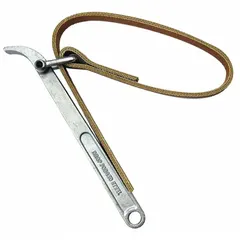 Strap wrench with a 9 in alloy steel handle and a 3/4 in wide rubber strap. Designed for gripping and turning cylindrical objects up to 6 3/10 in outside diameter without marring surfaces. Suitable for plumbing, automotive, and industrial tasks where a standard pipe wrench might damage chrome, plastic, or polished finishes.