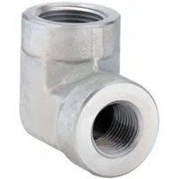 This PARKER threaded pipe elbow features female NPT connections on both ends, allowing a 90-degree directional change in high-pressure fluid systems. Rated for 3000 psi maximum operating pressure, it is suitable for hydraulic and pneumatic applications requiring leak-resistant connections. The fitting is constructed from metal for strength and durability