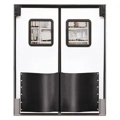 This insulated swinging door features two white polyethylene doors, each 5 ft wide by 7 ft high, with an included polycarbonate window. It meets USDA standards and comes with door seals, bumpers, and mounting hardware. Suitable for temperature-controlled environments such as cold storage and food processing areas.