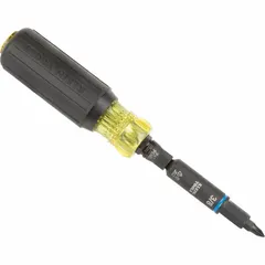 HVAC multi-bit screwdriver with seven tips including 1/4 in slotted driver, Phillips, and square tip. Features a quick-change mechanism for efficient tip swapping. Overall length of 11 inches. Impact-rated for use with impact drivers. Suitable for fastening and loosening screws in heating, ventilation, and air conditioning systems.