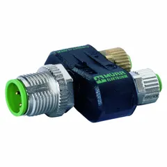M12 T-coupler with T-style connector, converting one M12 male straight 5-pole connection to two M12 female straight 5-pole connections. Rated IP67 for dust and water ingress protection. Used for splitting signal or power lines in sensor networks and fieldbus systems.