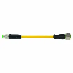 This cordset features an M8 male straight connector and an M12 female right-angle connector, with a 10-meter yellow PUR jacket. It is rated IP65 and uses 24 AWG wire. Suitable for connecting sensors and actuators in industrial environments where twisting motion is present.