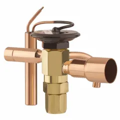 Thermostatic expansion valve for R-22 refrigerant systems. Features field-adjustable superheat and a 1/2 inch female connection. Rated for 1.5 ton capacity. Used in HVAC and refrigeration systems to regulate refrigerant flow into the evaporator based on superheat.