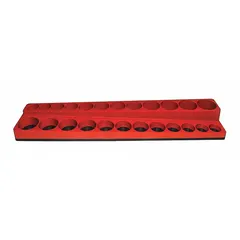 Red polypropylene socket tray with 24 posts/slots for organizing standard and deep sockets. Overall width of 14 inches. Magnetic back allows attachment to metal surfaces such as toolboxes, workbenches, or service carts for convenient storage and access.
