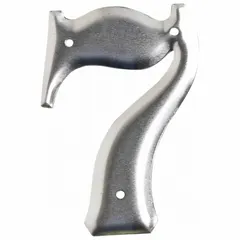 Silver uppercase number 7 on aluminum label for utility pole identification. Character height 3 in, overall width 2 in. Pack of 10 pieces. Used for marking poles in electrical distribution and telecom networks to support asset tracking and maintenance.
