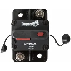 Surface mount hi-amp circuit breaker from the CB Series, rated 42V DC with an interrupt rating of 50 A at 42V DC. Features stud terminal connection for secure installation. Suitable for overcurrent protection in 42V DC vehicle electrical systems and auxiliary power distribution.