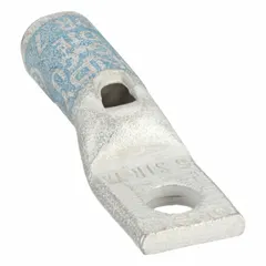 Copper one-hole compression lug for terminating 6 AWG stranded copper wire. Features a #10/#8 stud hole and standard barrel design. Used for making permanent, low-resistance electrical connections in power distribution and control equipment.