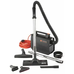 Corded handheld vacuum with 79 cfm airflow and 1/2 gallon capacity for quick debris pickup on workbenches, machinery, and floors. Operates at 66 dB for use in noise-sensitive environments. Weighs 8.5 lb and is powered by a corded electric supply. No battery included.