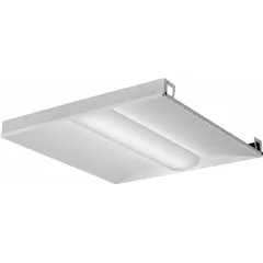 This 2 ft. x 2 ft. LED center-basket troffer delivers 3332 lumens at 3500K color temperature, consuming 26.6 W. It operates on 120 to 277V AC and is designed for recessed ceiling installations in commercial spaces such as offices, schools, and retail environments.