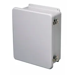 This WIEGMANN fiberglass indoor enclosure measures 15 inches by 13 inches by 6 inches and is rated NEMA 1 for general-purpose indoor use. It features a solid hinged cover secured by latches and does not include knockouts. Suitable for housing electrical controls, terminals, and instruments where protection from dust and light impact is required.