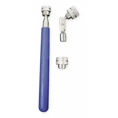 This hinged magnetic pickup tool features a permanent magnet with a pull capacity of 5 to 9.9 lb and a telescoping steel shaft for extended reach. The rigid construction and rubber soft-grip handle provide secure handling. Suitable for retrieving ferrous metal objects from confined spaces such as machinery, drains, or under equipment.