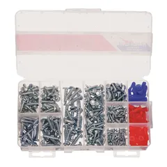 This assortment includes 365 steel, zinc-plated, pan-head, slotted-drive sheet metal screws across 11 sizes. Used for fastening sheet metal in industrial fabrication, HVAC ductwork, electrical enclosures, and general maintenance.