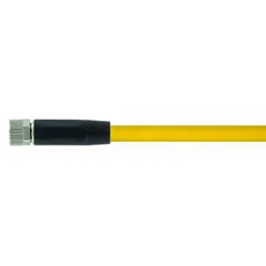 Single-ended cordset with a yellow PVC jacket for flexing applications. Features an M8 female straight connector on one end and bare wire on the other. 4 pins, 24 AWG wire size, 1.5 m cable length. IP67 rated for dust and water ingress protection. Used to connect sensors or actuators in industrial automation, packaging, and material handling equipment.