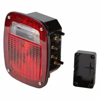 Square combination light with clear lens and red LEDs (incandescent) providing stop, turn, and tail functions. Permanent stud mount with post-style electrical connections. Meets FMVSS 108 standards for use on trailers, trucks, and heavy equipment