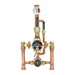 This thermostatic mixing valve blends hot and cold water to a set temperature at the point of use. It features a 1 1/4 in NPT x NPT inlet connection, bronze construction, and includes outlet ball valve shutoffs. Typical applications include commercial and institutional facilities where precise water temperature control is required.