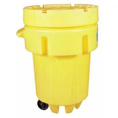 This 95-gallon overpack drum is rotationally molded from LLDPE with an open head and screw-on lid. It is unlined with no interior coating and features a polyethylene closing ring. Designed for containing and transporting leaking or damaged drums of solids, it carries UN ratings 1H2/X345/S for solids and 1H2/X345/S/**/USA/M5904 for liquids.