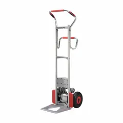 Electric stair-climbing hand truck with a 300 lb capacity, featuring a rounded-back aluminum frame and 10-inch pneumatic tires. Includes a four-position sweep back for load stability. Battery requires 4.5 hours for full charge. Suitable for moving heavy loads up and down stairs in delivery, logistics, and facility maintenance applications.