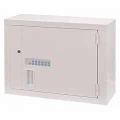 Electronic keypad lock with 1 door and 2 adjustable shelves. Constructed of metal for wall-mount installation. Used in healthcare facilities to secure controlled substances, medications, or sensitive supplies.