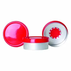 These 20 mm diameter flip cap bottle caps are made of silver aluminum with an unlined liner. They are non-vented, colored, and do not include septa. Suitable for sealing laboratory bottles and vials for sample storage and reagent handling. Each pack contains 1,000 closures.