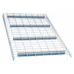 Steel wire decking with powder-coated gray finish, 14-gauge standard wire, and waterfall edge. Designed for placement on pallet rack beams to support unit loads and prevent items from falling through. Suitable for warehouse and industrial storage applications.