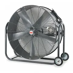 This mobile industrial floor fan features a 42-inch blade diameter and a 1 hp belt-drive motor, operating on 120V AC. Its steel construction and mobile design make it suitable for air circulation and ventilation in large spaces such as warehouses, factories, and workshops.