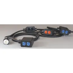 Nonlinkable extension cord with four outlet boxes providing eight total outlets. Uses 12/4 cable with an L14-20P plug, rated for 125/250V AC. Temperature rating -40° to 194°F. Suitable for temporary power distribution in construction, industrial, and event settings.