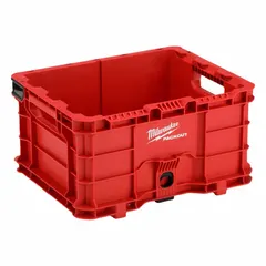 Red plastic storage tote measuring 18 11/16 in W x 15 5/16 in D x 9 15/16 in H. Designed for organizing and transporting tools and equipment in job sites, workshops, and industrial facilities.