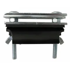 Steel clamp for securing flat cables in festoon systems. Accommodates cable widths from 2 in to 0.66 in. Overall length 3.25 in. Used in industrial cable management applications such as cranes, hoists, and material handling systems where cables travel along a track.