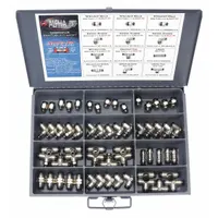 This 60-piece kit includes brass push-to-connect fittings in connector, elbow, tee, and union shapes. Used for quickly joining pneumatic tubing in industrial automation, packaging, and material handling systems without tools