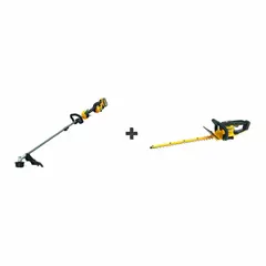 This combo kit includes a 15-inch string trimmer and a hedge trimmer, powered by a 20V MAX* battery system with a 9.0 Ah battery. Suitable for trimming grass, weeds, and shaping hedges in residential and commercial landscaping tasks.