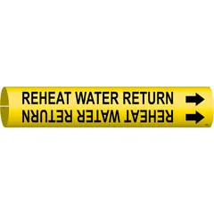 Yellow snap-on pipe marker with black legend reading 'Reheat Water Return' and directional arrows. Fits pipe outer diameters from 1-1/2 to 2-3/8 inches. Used to identify reheat water return lines in HVAC and industrial piping systems.