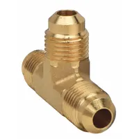 This brass flared fitting tee is designed for 45-degree flare tube connections in fluid systems. It joins three 5/16 in OD tubes and complies with SAE J513. Supplied in a 10-pack, it is suitable for branching or joining lines in hydraulic, pneumatic, fuel, oil, and air applications