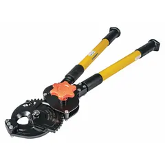 This ratcheting cable cutter features a shear cutting action and plastic handles, with a 28-inch overall length. The ratcheting mechanism provides mechanical advantage for cutting steel wire rope up to 5/8 inch in diameter. Suitable for electrical and data cable cutting in industrial, construction, and maintenance applications.