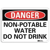 Aluminum sign with mounting holes, nominal size 7 in x 10 in, featuring Engineer Grade retroreflective sheeting for visibility. Used to warn personnel that water is non-potable and not for drinking in industrial facilities, plants, and commercial buildings
