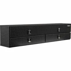 Aluminum topside box with a single flip-up door and internal drawers, finished in matte black. Equipped with a keyed lock for security. Suitable for organized storage of tools and equipment on service trucks and work vehicles.