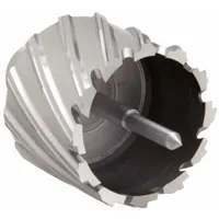 High-speed steel annular cutter with a bright finish, designed for general cutting of metal. Features a 1 7/8 in cutter diameter and 1 in maximum cutting depth. Includes a pilot pin for precise alignment. Suitable for creating clean, accurate holes in steel and other metals in structural fabrication and maintenance applications