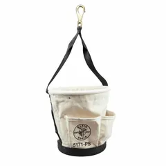 Canvas bucket bag with open top and four pockets for tool and supply storage. Features a single handle with snap hook for attaching to a ladder or belt. Off-white color, 12-inch height.