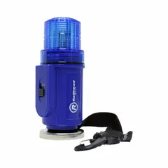 Battery-powered flashing light with blue lens, delivering 90 to 180 flashes per minute. Features a magnetic mounting mechanism for attachment to metal surfaces. Overall dimensions: 5 1/2 in length, 2 in width. Suitable for temporary or emergency visual warning in industrial and construction settings.
