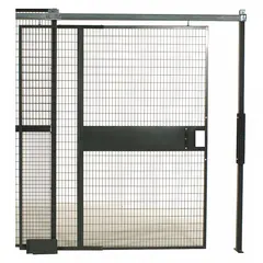 Steel woven-wire partition component with gray enamel finish. Left-mounting orientation. Includes mounting hardware. Used to create secure access points in industrial enclosures, storage areas, and machine guarding systems.