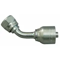 Steel 45° elbow hydraulic crimp fitting for -16 dash size hose. Female x genderless, metric x crimp connection with M42X2 thread. Used in fluid power systems for mobile equipment, manufacturing machinery, and industrial plant applications