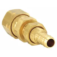 Brass compression fitting union with self-aligning design for connecting two 3/8 in OD tubing ends. Features a barbed end on one side and compression end on the other, suitable for fluid or pneumatic systems in industrial applications