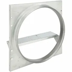 Steel venturi frame for wall-mount ventilation fans with 20-inch blade diameter. Includes slotted motor base for motor installation. Mounting size is 22 1/2 inches by 22 1/2 inches. Used in industrial exhaust applications to direct airflow and support the fan assembly.