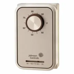 Analog thermostat for heat or cool applications with single-stage heating and cooling (1H/1C). Operates on 24 to 277V AC with SPDT switch action (open/close on rise). Features an exposed dial control and auto system settings, with a temperature range of 40° to 90°F. Suitable for basic temperature control in commercial or industrial HVAC systems.